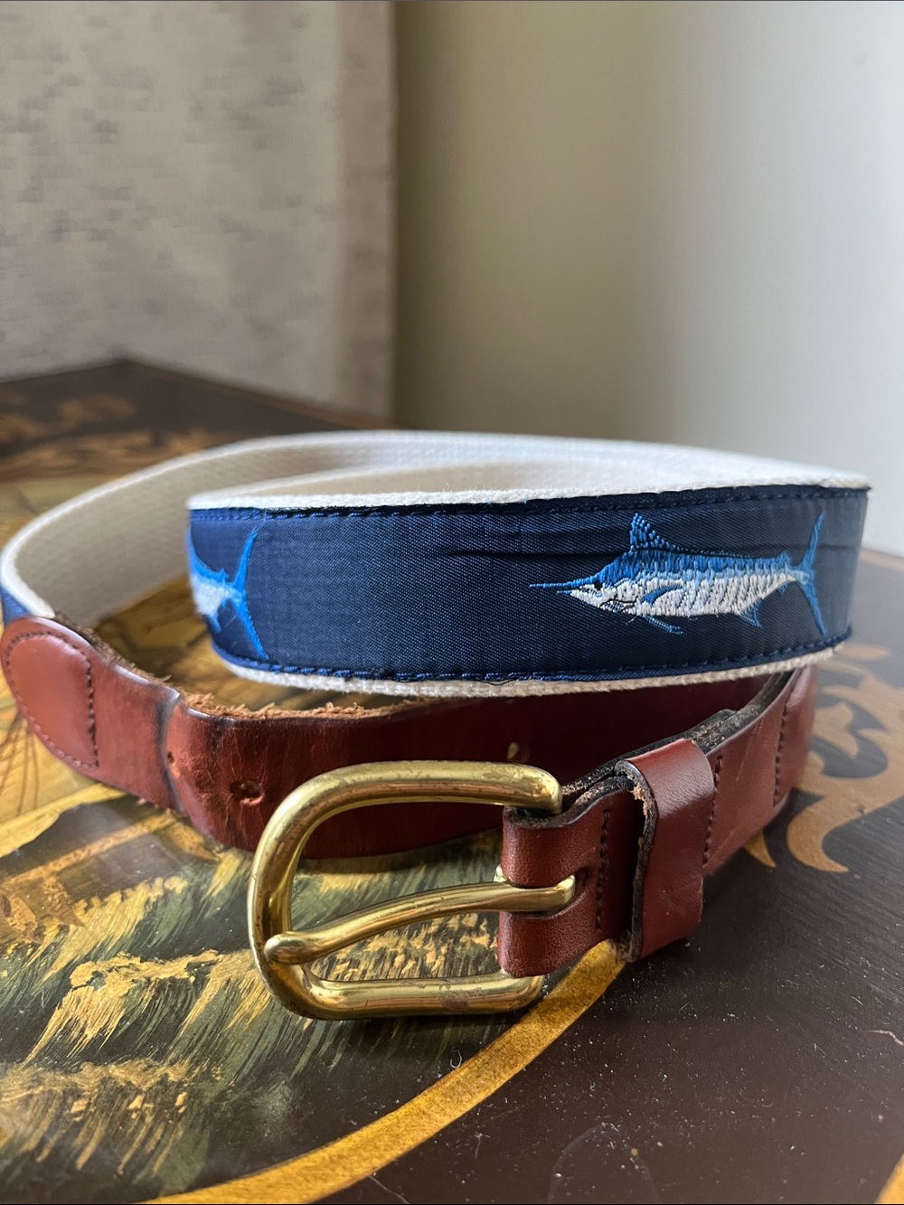 Canvas and Leather Men's Belt with Blue Marlin Ribbon Detail